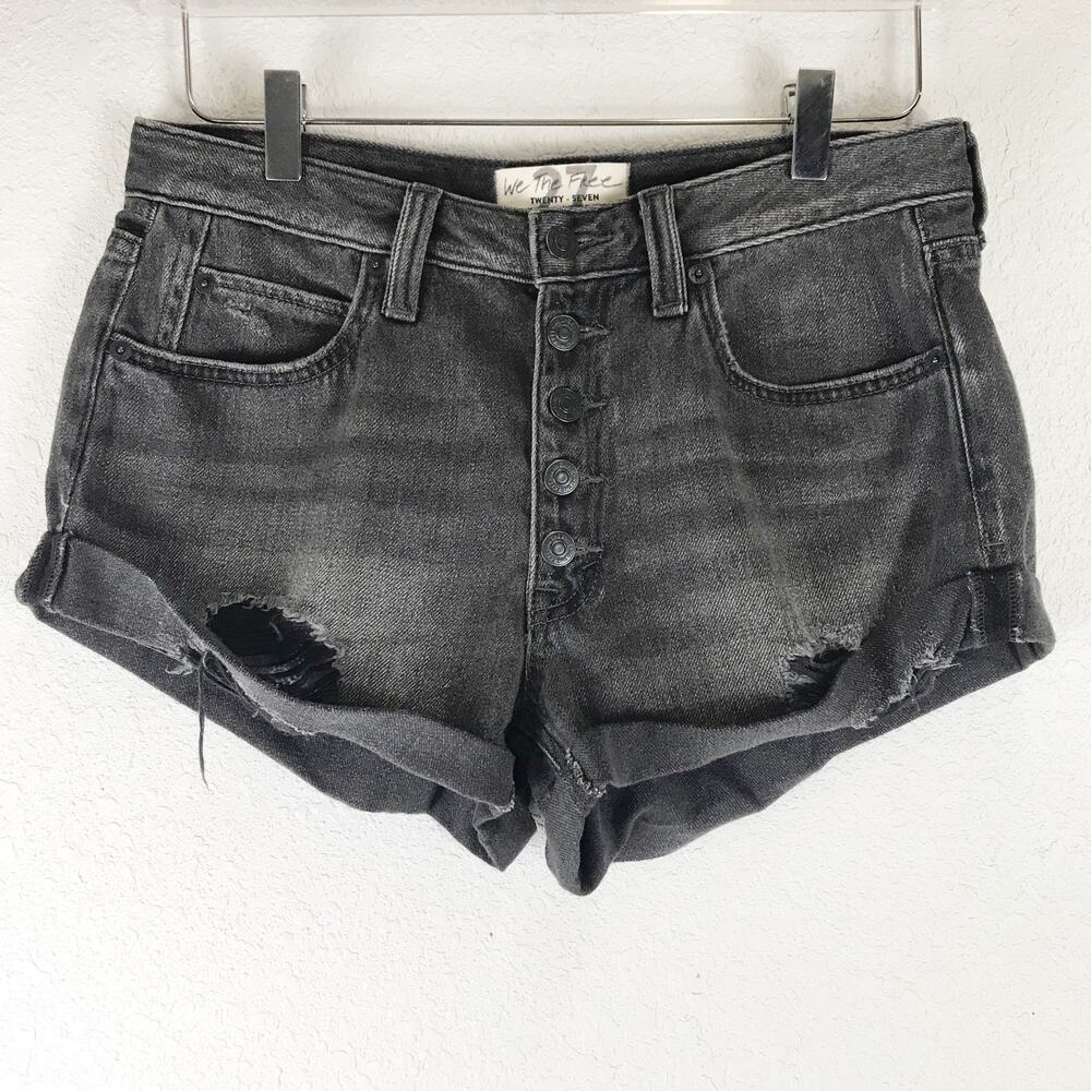 Free People Romeo Rolled Cutoff Distressed Faded Black Button Fly Denim Shorts